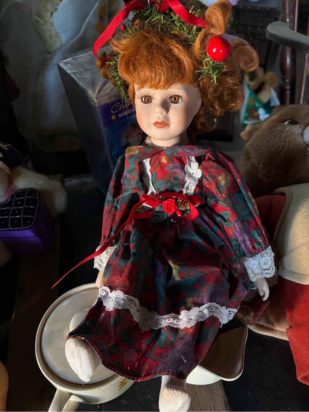 Red Holiday Porcelain Doll with Green Accents - Classic Kids Toy